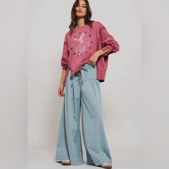 NWT Urban Daizy Pleated Wide-Leg Button Closure Jeans Light Wash Drawstring - Picture 8 of 9